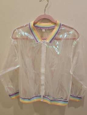 Clear Iridescent Bomber Jacket with Rainbow Trim